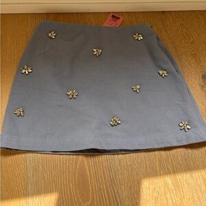 En Saison Dusty Blue Mini Skirt with Jeweled Flower Embellishments